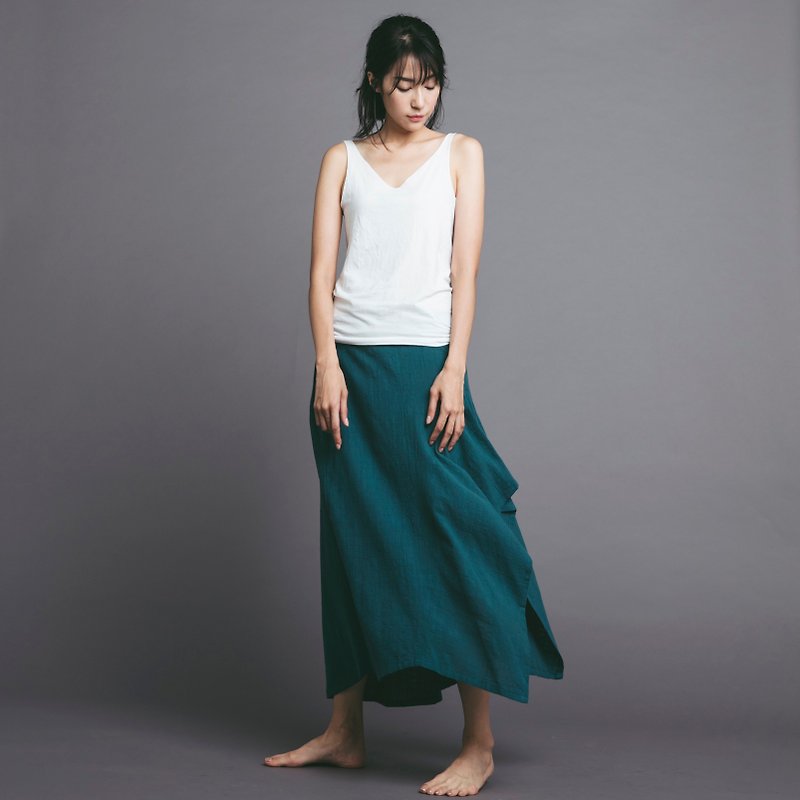 Asymmetric maxi skirt - Teal - กระโปรง - ผ้าฝ้าย/ผ้าลินิน สีเขียว