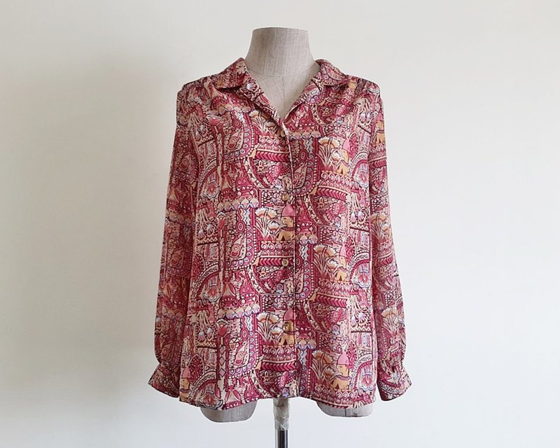 Medium Vintage Brown Pink Floral Novelty Print Blouse Womens Long Sleeve Shirt M - 女上衣/長袖上衣 - 聚酯纖維 粉紅色