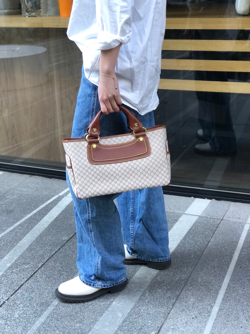 【 日本直送　名牌中古包 】CELINE セリーヌ マカダム ブギーバッグ ハンドバッグ ベージュ キャンバス vintage ヴィンテージ ybm6xd - 手提包/手提袋 - 真皮 咖啡色