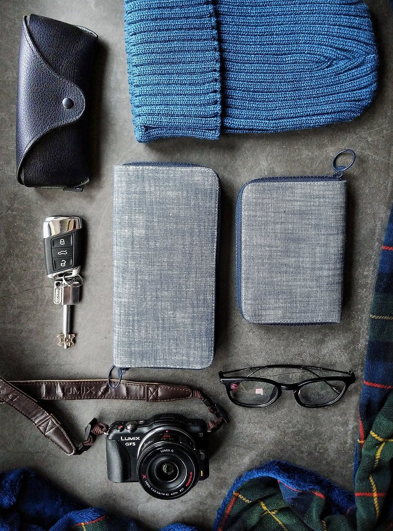 Boy's gift large-capacity Japanese Oxford gray pattern cloth hand-stitched cloth wallet - กระเป๋าสตางค์ - ผ้าฝ้าย/ผ้าลินิน 