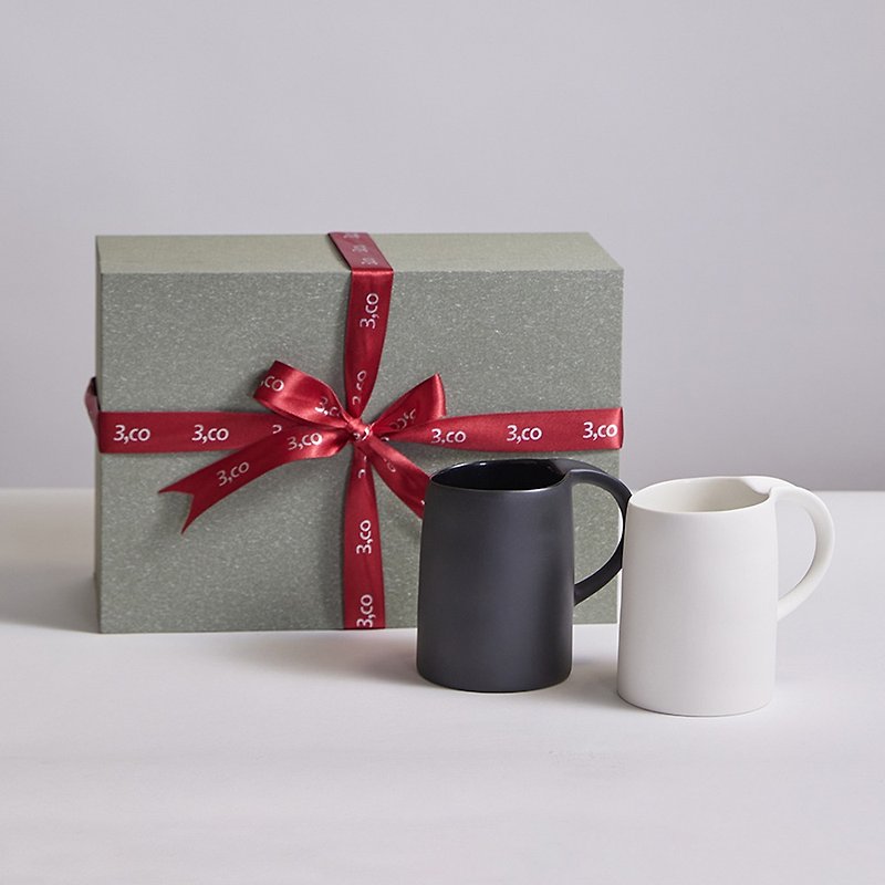 【3,co】Water Wave Mug Gift Box Set (2 Pieces) - White+Black - Mugs - Porcelain White