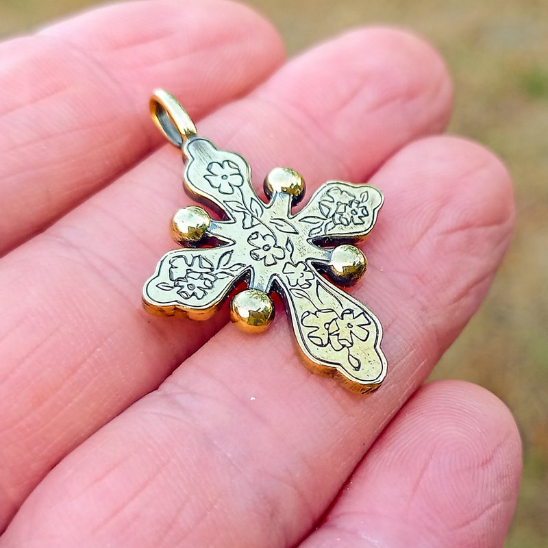 Small riasny cross necklace pendant,traditional ukrainian cross jewelry,cross - Necklaces - Copper & Brass Gold