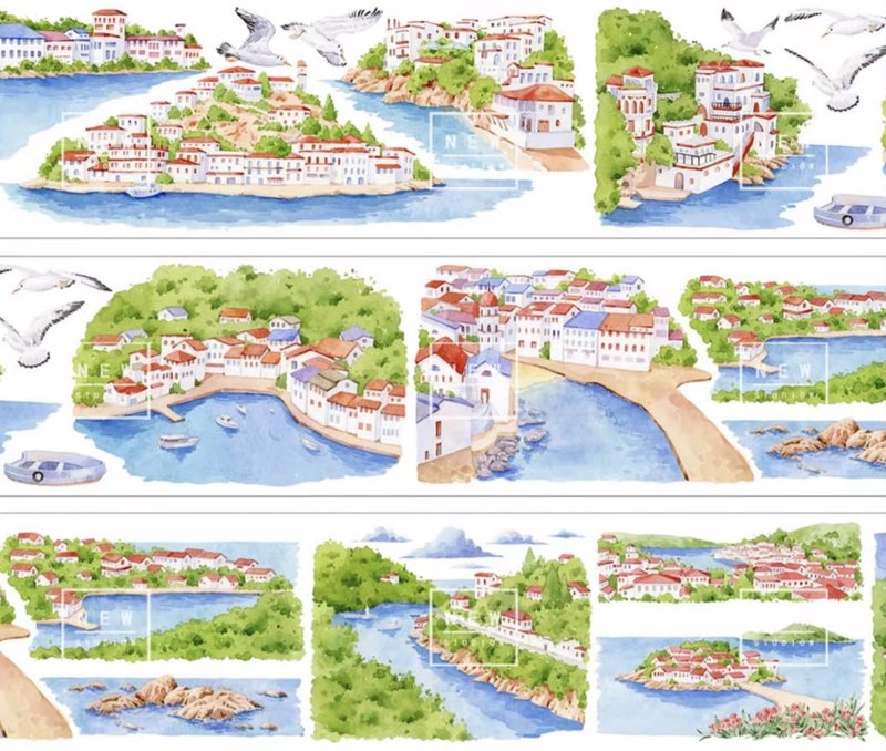Harbor Town European Travelogue Watercolor Landscape PET & Washi Tape Taiwan Made 10m Roll - มาสกิ้งเทป - วัสดุอื่นๆ หลากหลายสี