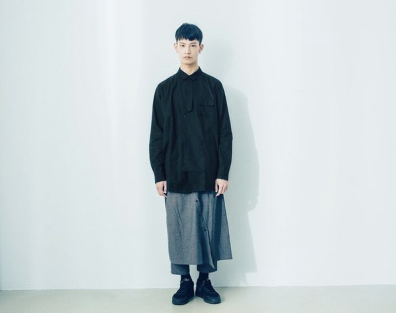 Light. Notched Special Culottes (Black/Grey) Organic Cotton & Recycle - กางเกง - ผ้าฝ้าย/ผ้าลินิน สีเทา