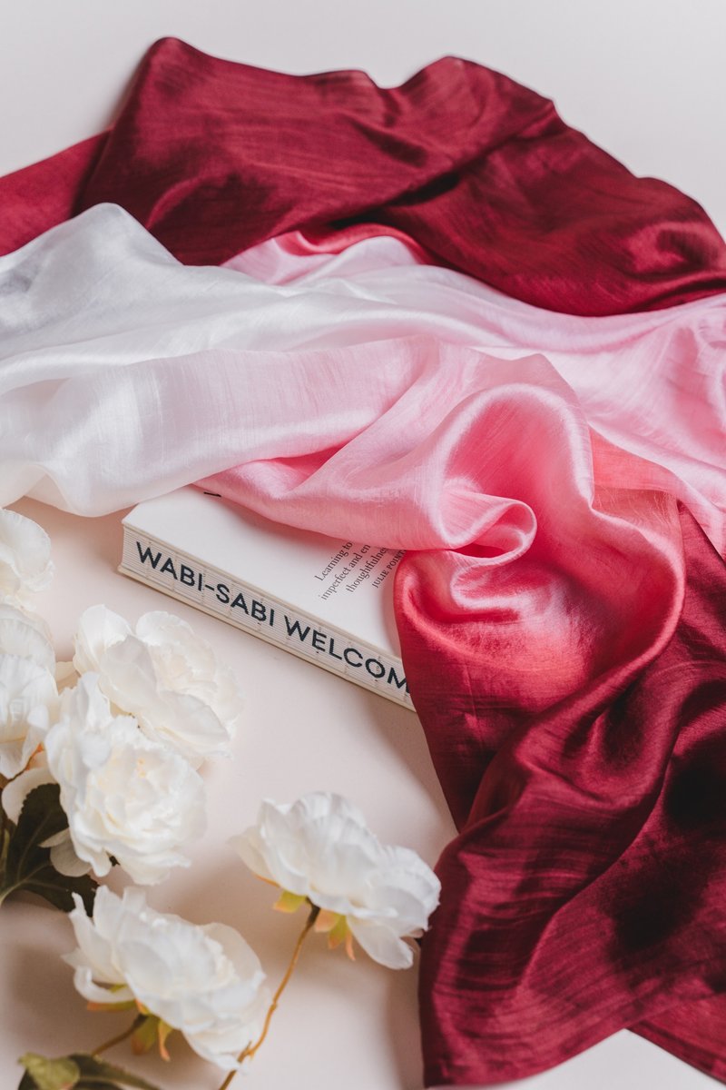 100% Mulberry Silk Scarf – Hand Dyed, Lightweight,Burgundy- Pink Ombre - 絲巾 - 絲．絹 綠色