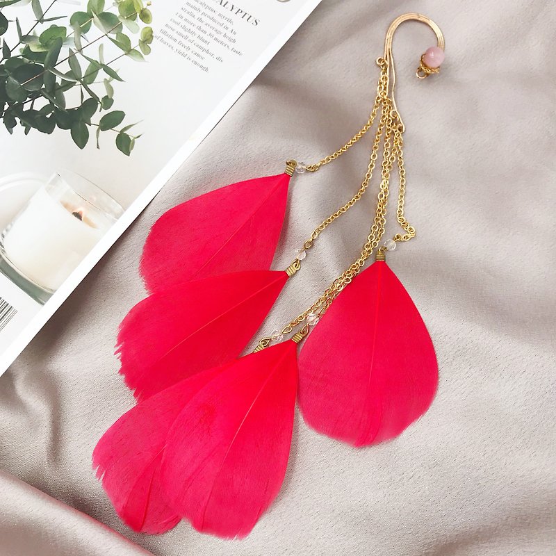 Red Pink││Feather Feather Earrings Single Earrings Earrings Customized - Earrings & Clip-ons - Other Materials Red