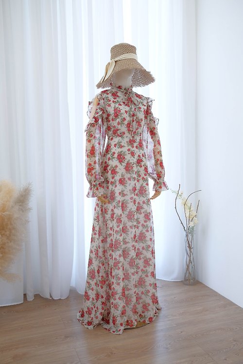 KEERATIKA Red roses floral maxi party dress Bridesmaid dress long sleeve summer dress