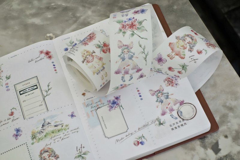 生如夏花 花咲く庭の人形 水彩タッチ PET 和紙膠帶 (kiss-cut) - 紙膠帶/和紙/PET - 其他材質 多色