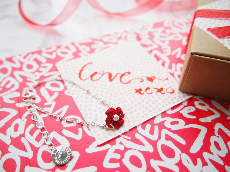 Valentine's Day French Rose Red Lace Thread Hand Knitted Flower Hand-bracelet BB048 - สร้อยข้อมือ - งานปัก สีแดง