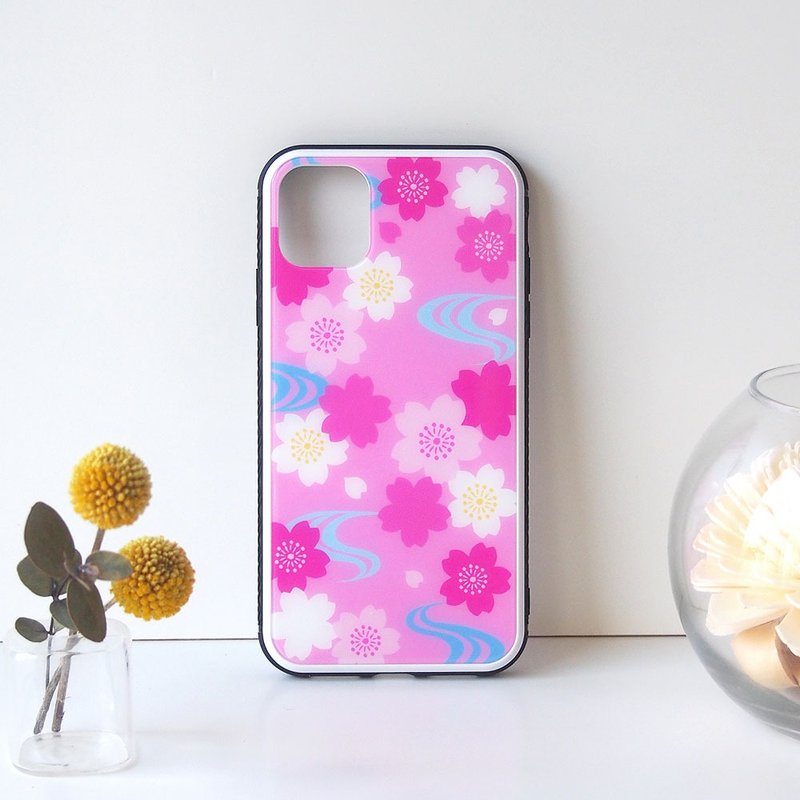 【強化ガラスiPhoneケース】桜と流水文様 - 手機殼/手機套 - 塑膠 粉紅色