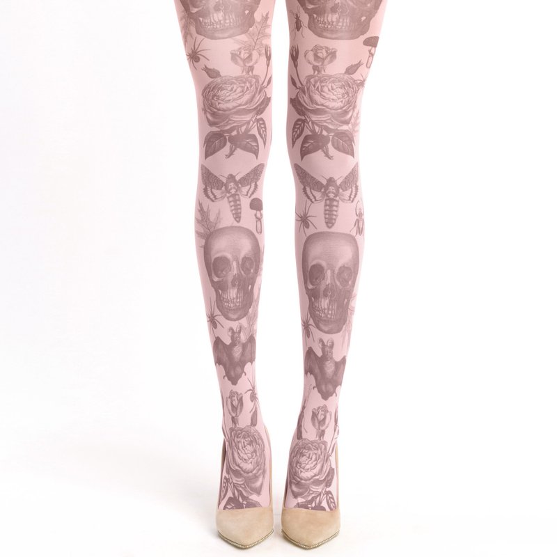 Pastel Goth tights, skull and roses celestial gothic fashion - 內搭褲/緊身褲 - 尼龍 粉紅色