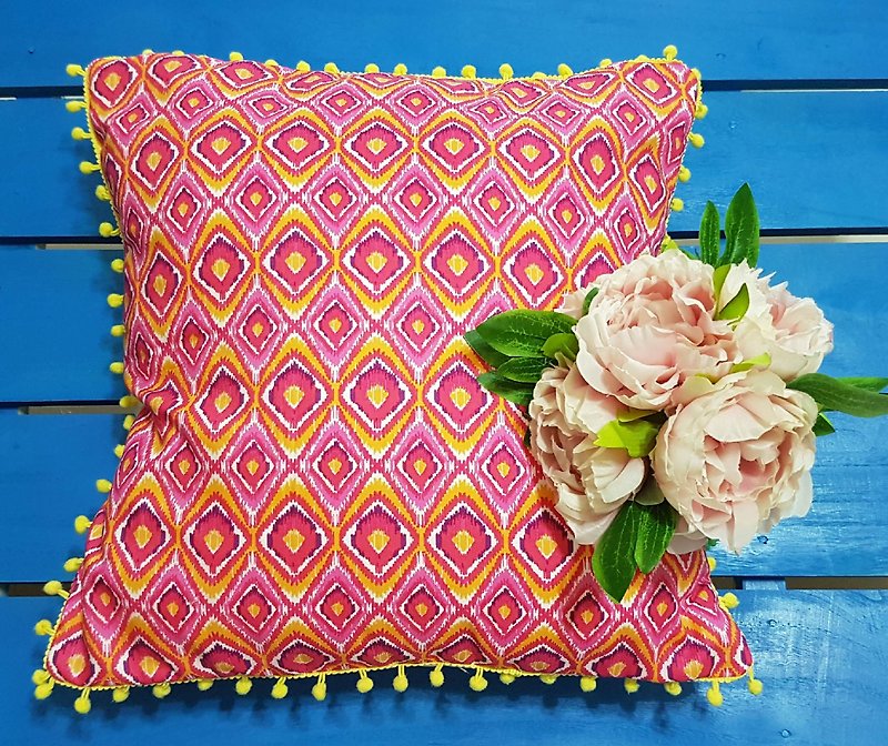 Nordic style Peach yellow geometric flower pattern, yellow fur ball pillow pillow cushion cushion pillowcase - หมอน - ผ้าฝ้าย/ผ้าลินิน สีใส