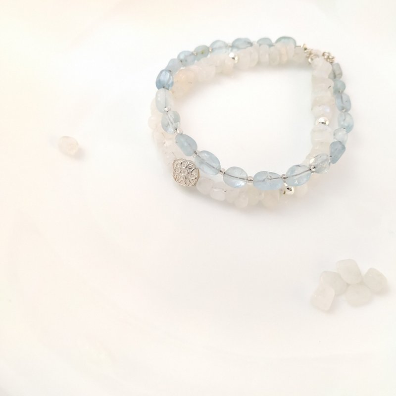 天然冰種海藍寶 月光石手鍊|925銀 手作雙圈 客製化 三月誕生石| - 手鍊/手環 - 寶石 透明