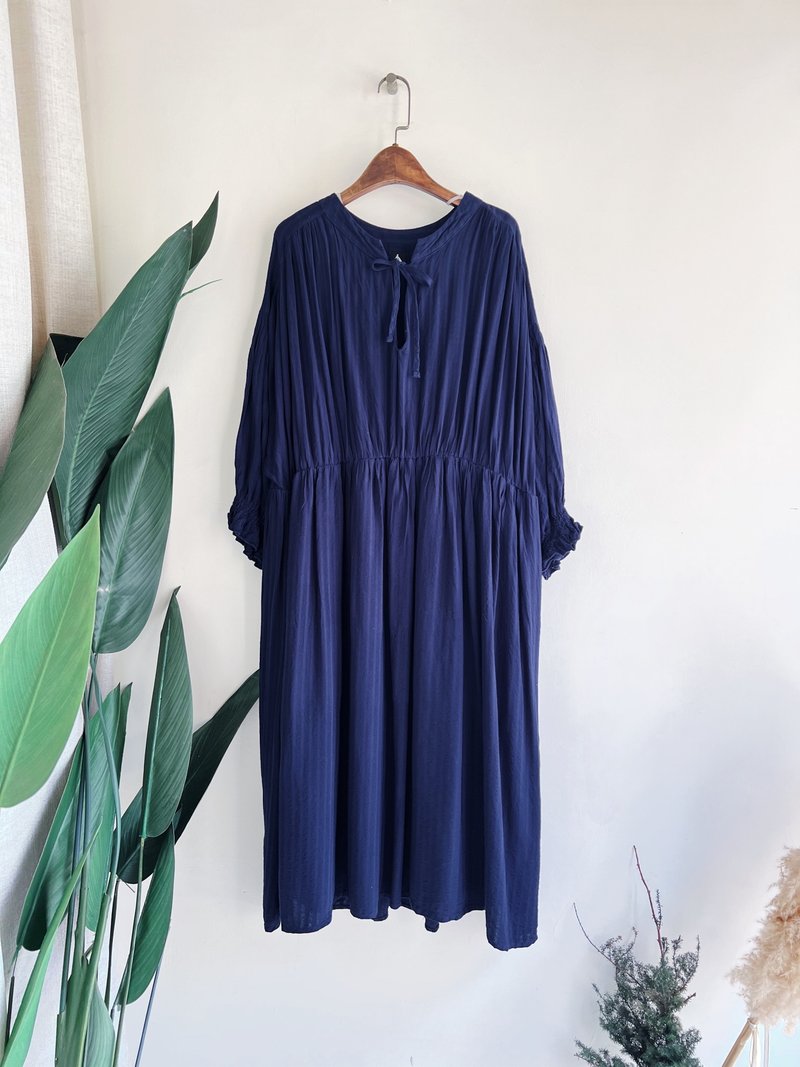 深海藍純絲質垂墜寬鬆無尺寸 長裙洋裝連身裙古著 ドレス Dress - 洋裝/連身裙 - 絲．絹 藍色