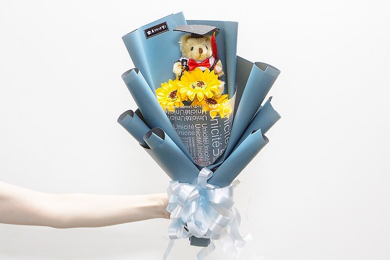 Korean Style Sunflower Graduation Bear Soap Flower Bouquet (3 Pieces + 1 Graduation Bear-Package 2 Colors Optional) S005 - Dried Flowers & Bouquets - Paper Blue