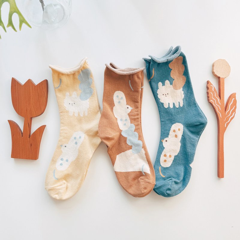 Bird and Cloud Socks - Choose 2 or 3 pairs - ถุงเท้า - ผ้าฝ้าย/ผ้าลินิน หลากหลายสี