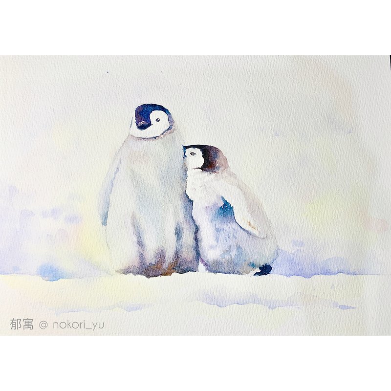郁寓 水彩画 依偎企鹅 可订制水彩小品 水彩 水彩作品