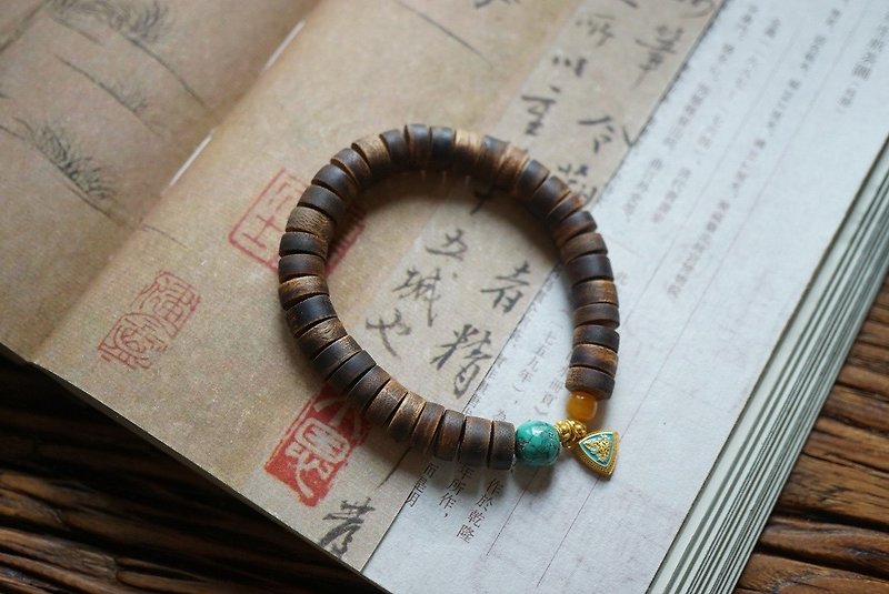5*10mm natural native Huang Qinan agarwood beads agarwood beads natural turquoise old-style beads design single circle bracelet - สร้อยข้อมือ - ไม้ สีนำ้ตาล