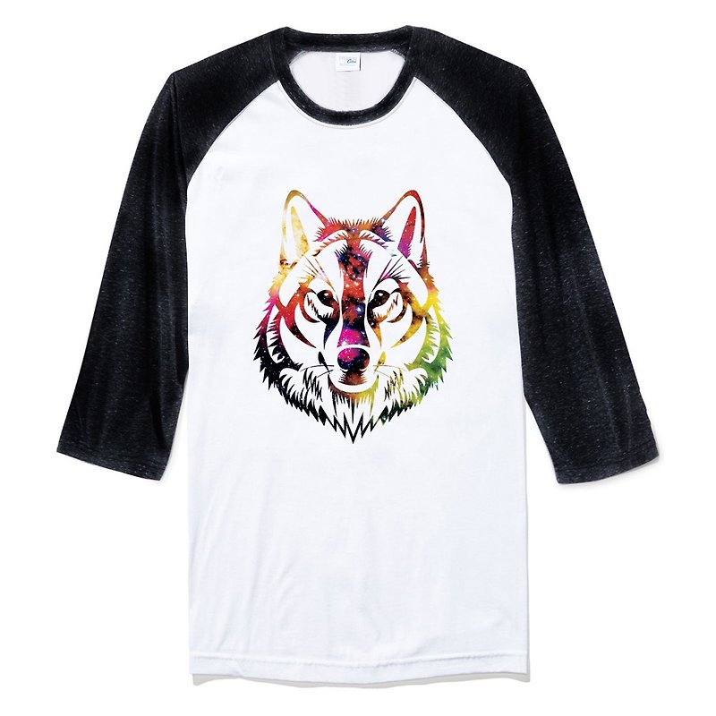COSMIC WOLF 3/4 sleeve T-shirt white black wolf universe design self-made brand galaxy fashionable round triangle - Men's T-Shirts & Tops - Cotton & Hemp White