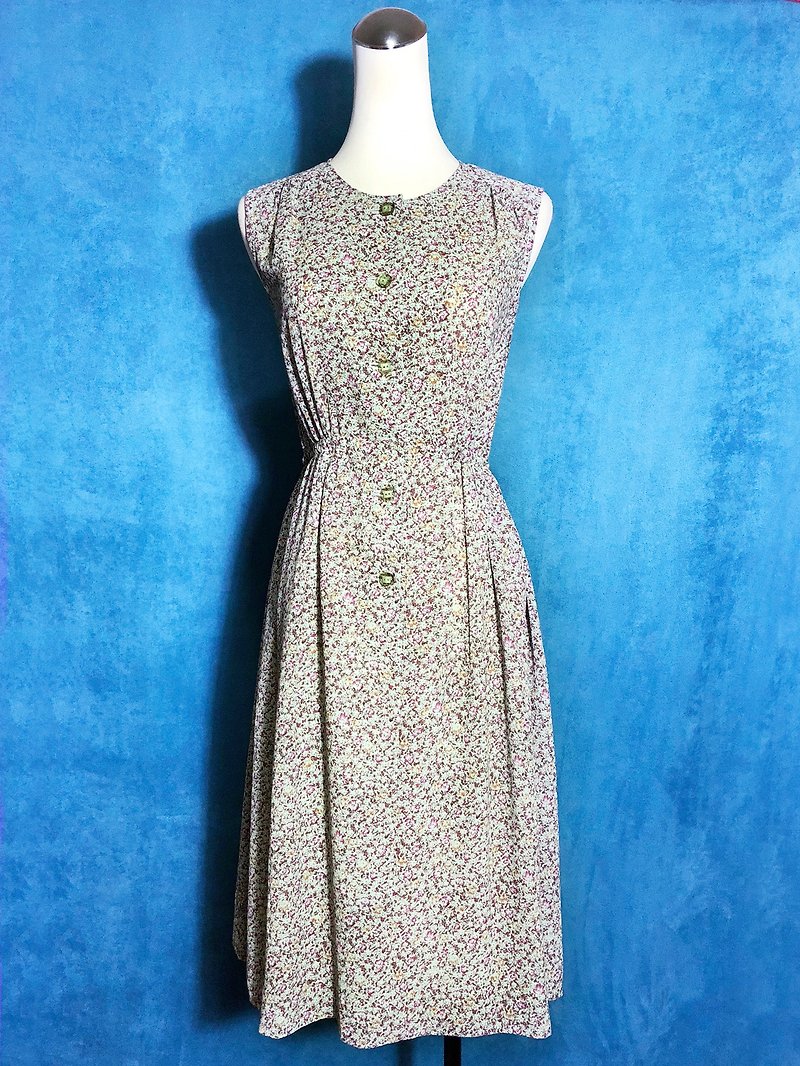 Pink green flowers Sleeveless vintage dress / Foreign brought back VINTAGE - One Piece Dresses - Polyester Green