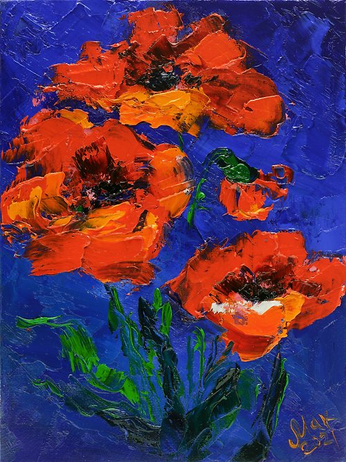Nataly Mak Red Poppy Oil Painting Floral in Vase Original Art California Poppy Oil Painting
