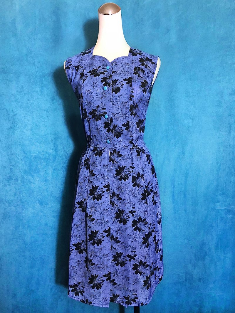 Art Flowers Sleeveless Vintage Dress / Bring back VINTAGE abroad - ชุดเดรส - เส้นใยสังเคราะห์ สีน้ำเงิน