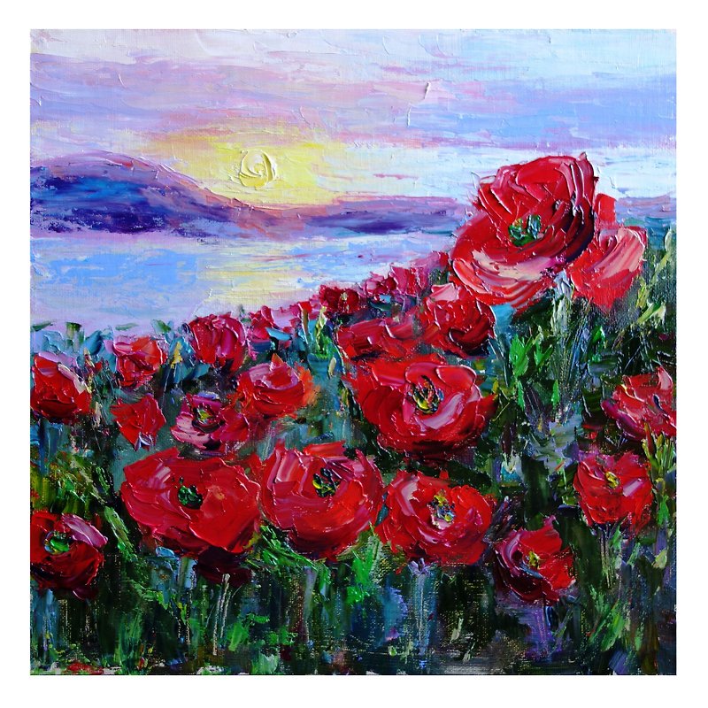 Poppies Painting Oil Flowers Original Art 油畫原作 Landscape Artwork Canvas Art - โปสเตอร์ - วัสดุอื่นๆ สึชมพู