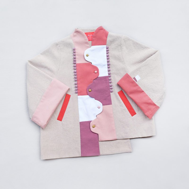Left button right button stitching autumn and winter jacket-pink short version - เสื้อแจ็คเก็ต - ผ้าฝ้าย/ผ้าลินิน สึชมพู