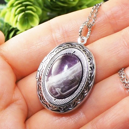 アメジストシルバーロケット ライラック パープル石記念品 ペンダント
