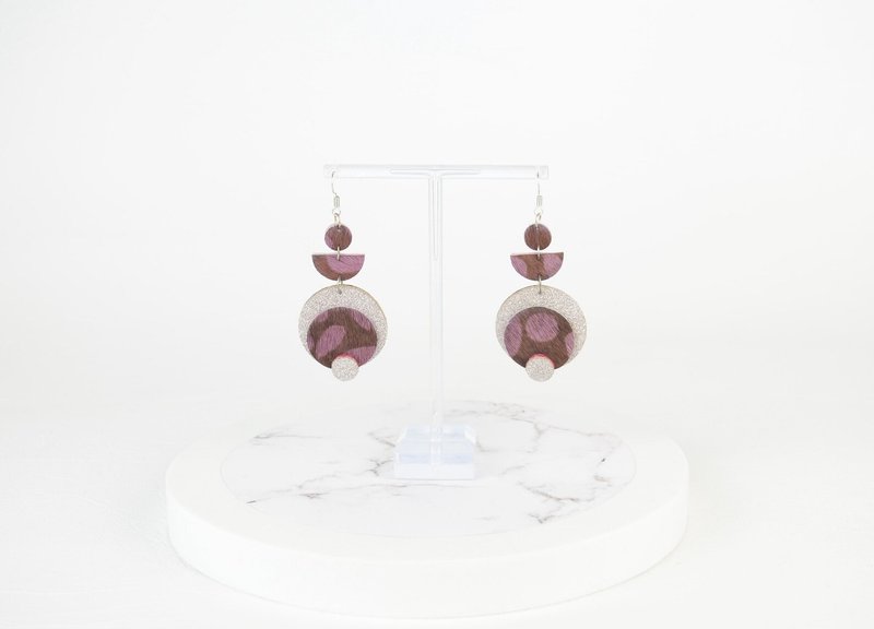 Geometric Earrings in Glitter & Purple Animal Print Genuine Recycled Leather - ต่างหู - หนังแท้ สีม่วง