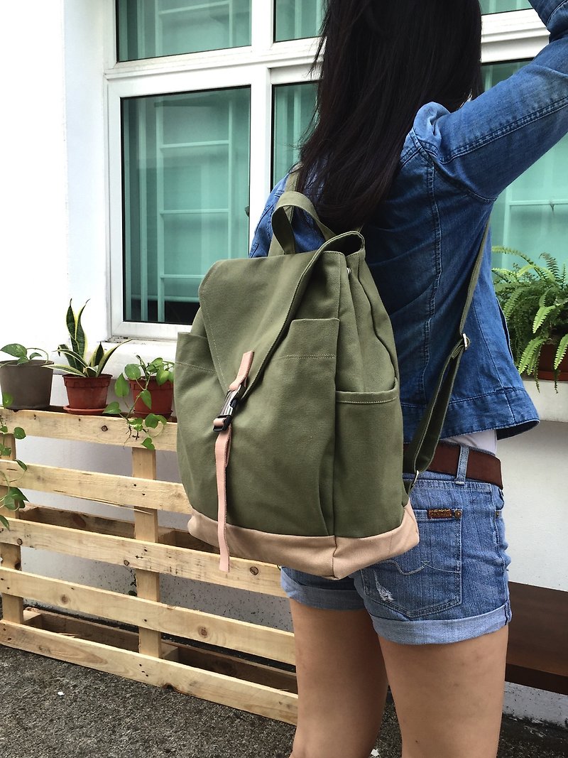 Leather strap laptop backpack  canvas school backpack -no.108 Smoke Green - Backpacks - Genuine Leather Green
