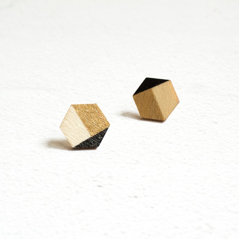 Earrings Earrings Clip-On Wooden Gold-plated Geometry Hand-Drawn Hexagon Hand-made Ornaments Gifts - Earrings & Clip-ons - Wood Black