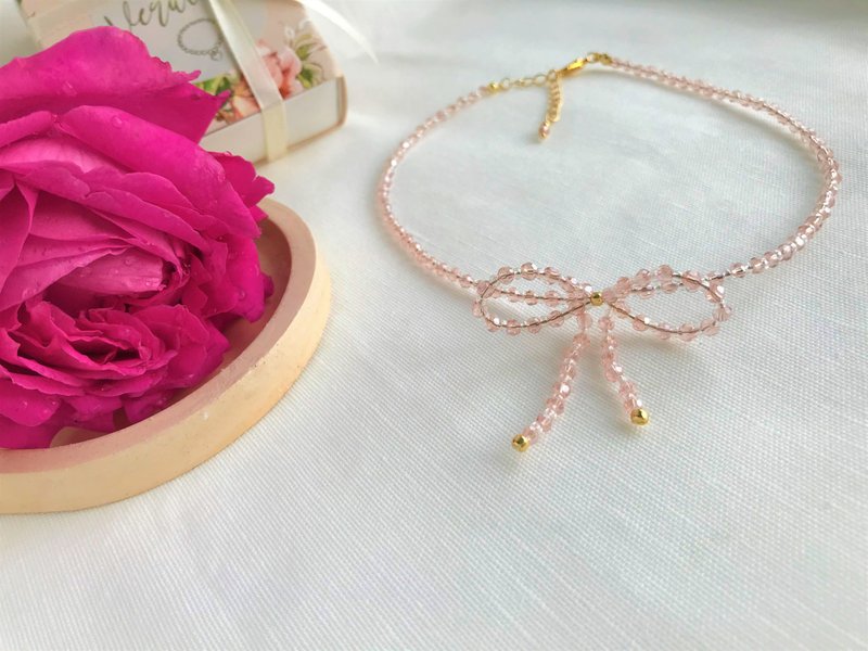 Pink bow Choker Necklace, Bow necklace, Bow tie necklace. - 項鍊 - 玻璃 粉紅色