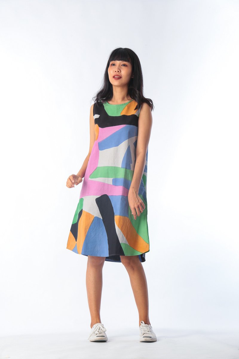 Short Dress Linen Hand Paint For Summer Beach Vacation - 洋裝/連身裙 - 棉．麻 藍色