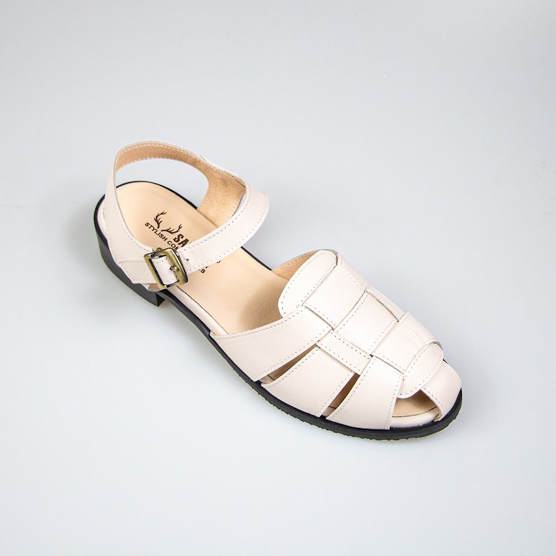 Medium heel woven sandals/beige/237C last - รองเท้ารัดส้น - หนังแท้ ขาว