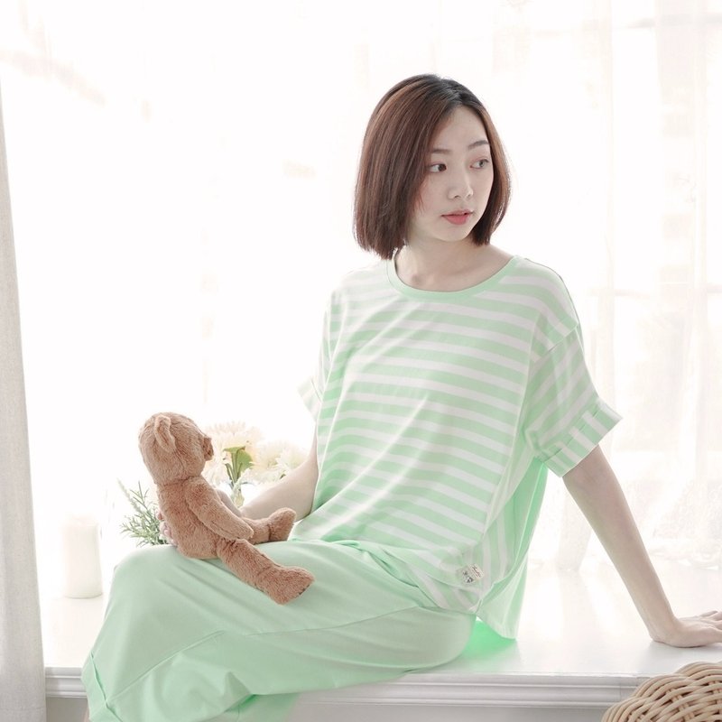UMORFIL膠原蛋白條紋短袖居家服-條紋綠 - 居家服/睡衣 - 棉．麻 綠色