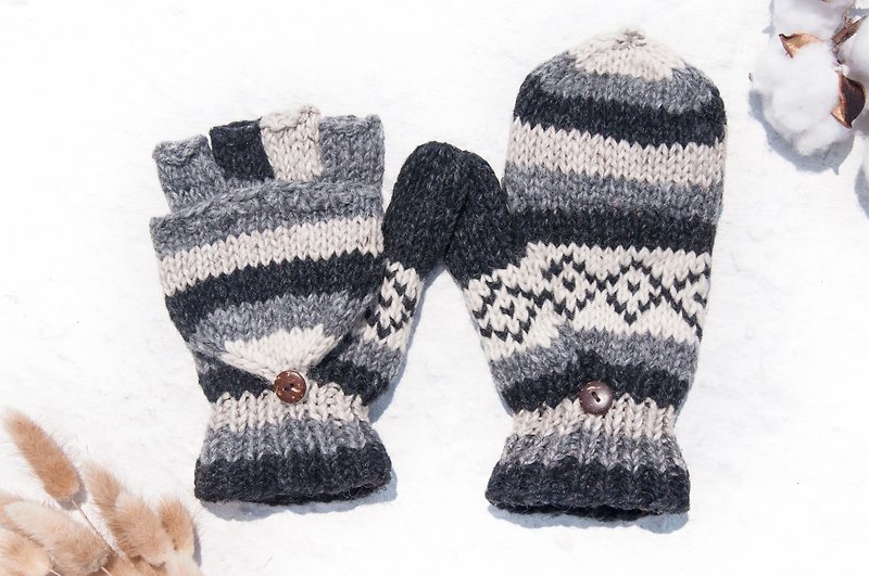 手織純羊毛針織手套/可拆卸手套/內刷毛手套/保暖手套-日本時尚色 - 手套 - 羊毛 多色