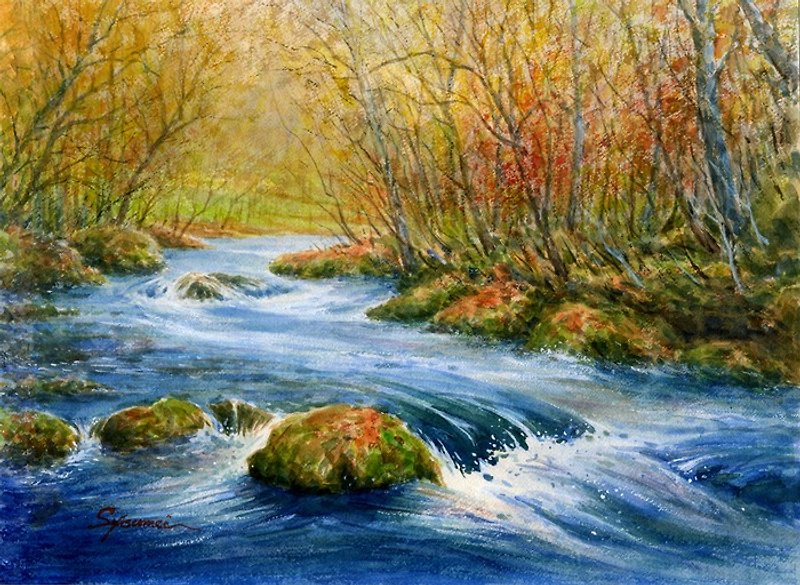 Watercolor painting Autumn in Oirase - โปสเตอร์ - กระดาษ สีส้ม