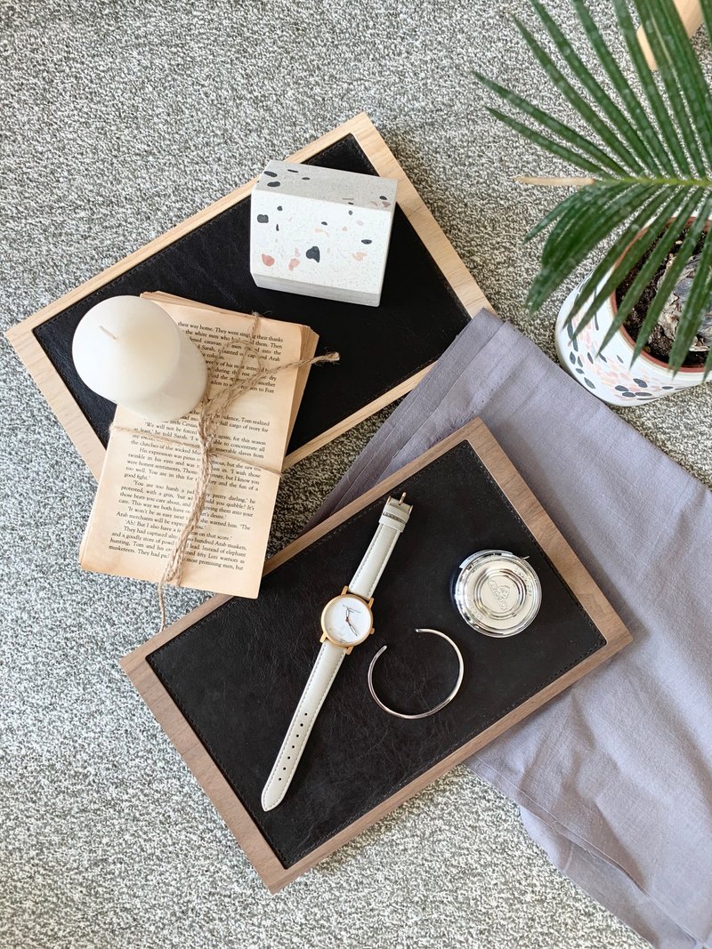 【展示品特賣】木製皮革縫線置物盤 飾品盤-胡桃木 - 居家收納/收納盒/儲物盒 - 木頭 咖啡色