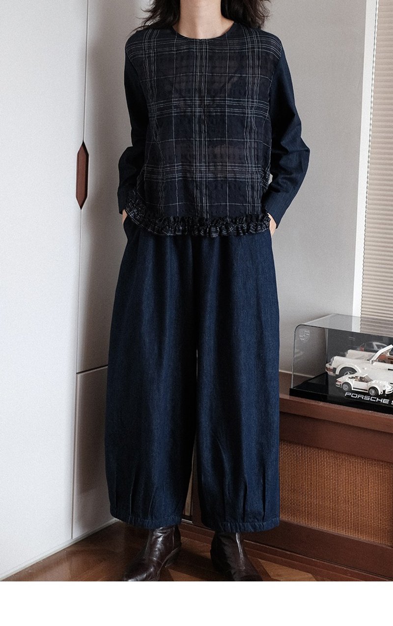拼接長袖荷葉花邊寬松休閒襯衫 - 女襯衫 - 棉．麻 