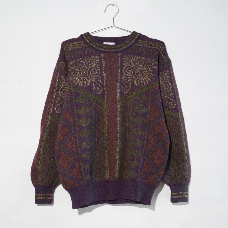 Retro sweater vintage sweater vintage sweater 60% mixed wool hot stamping print R00360 - สเวตเตอร์ผู้ชาย - ขนแกะ สีม่วง