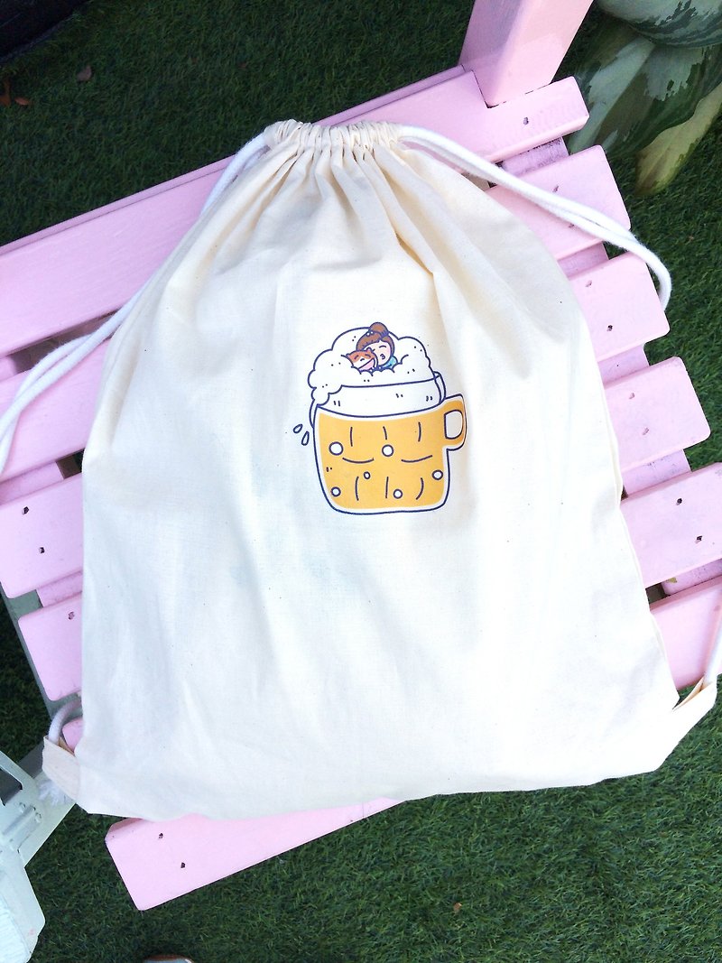 Micro 醺 の everyday canvas backpack (cotton rope) Hand-printed Canvas bag - กระเป๋าหูรูด - ผ้าฝ้าย/ผ้าลินิน สีเหลือง