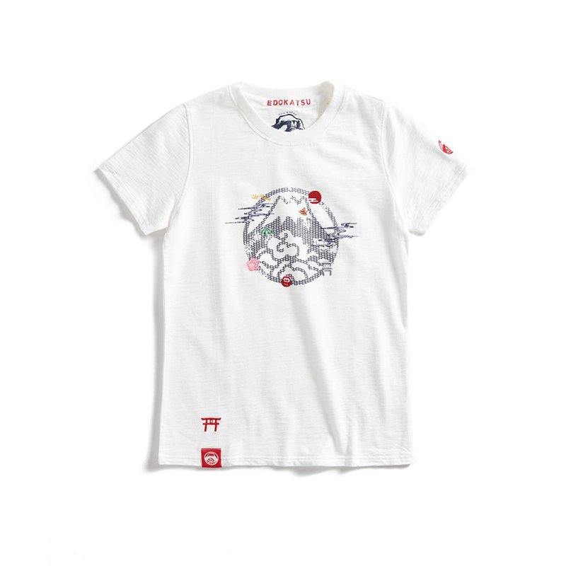 Edo wins Japanese style Mt. Fuji Zhuyin and wind small embroidery short-sleeved T-shirt - Ladies (off-white) #衣 - เสื้อยืดผู้หญิง - ผ้าฝ้าย/ผ้าลินิน ขาว