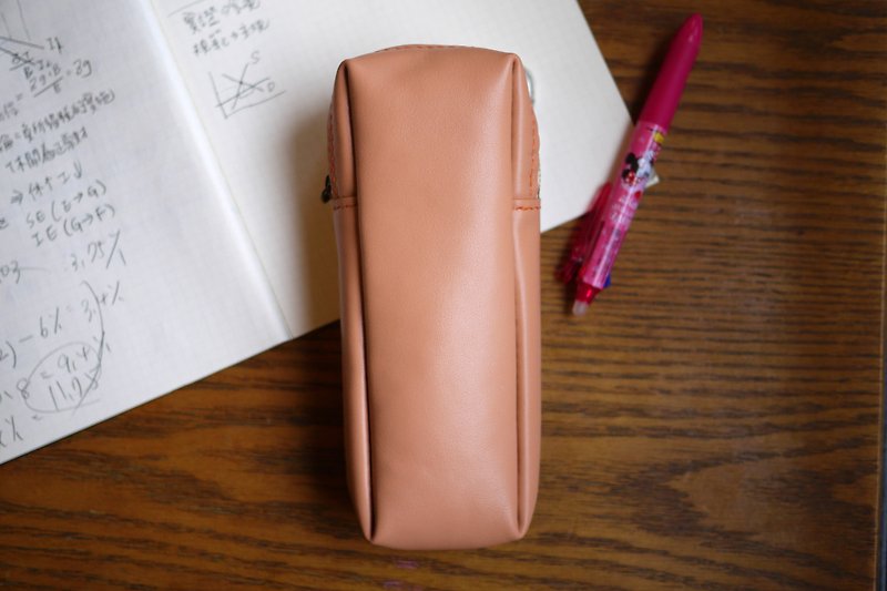 Hand-stitched genuine leather cow leather Q soft surging leather large-capacity writing pen bag temperament pink orange - Pencil Cases - Genuine Leather Orange