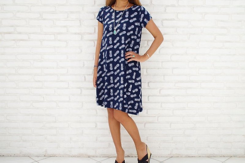 Pineapple Print T-shirt One Piece Navy - One Piece Dresses - Other Materials Blue