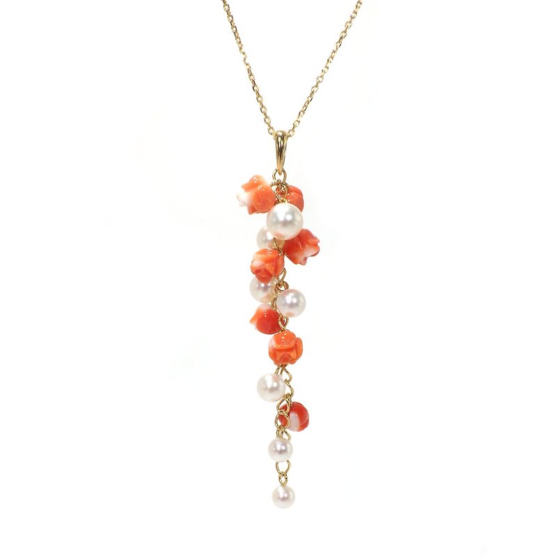 Akoya pearl Coral pendant Japanese pearl Carved coral 18K yellow gold - Necklaces - Pearl 