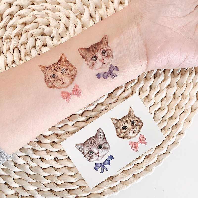 領結大頭貓-2入紋身貼紙 原創手繪設計 - สติ๊กเกอร์แทททู - กระดาษ สีนำ้ตาล
