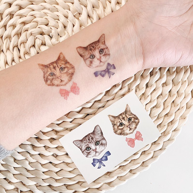 領結大頭貓-2入紋身貼紙 原創手繪設計 - Temporary Tattoos - Paper Brown