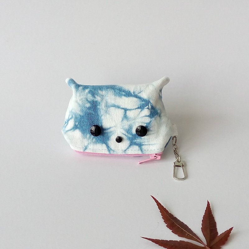 Mother's Day Gift Box Calm Cat Coin Purse Blue Dyed Coin Purse Charm Key Bag Plant Dyed Cat - Coin Purses - Cotton & Hemp Blue