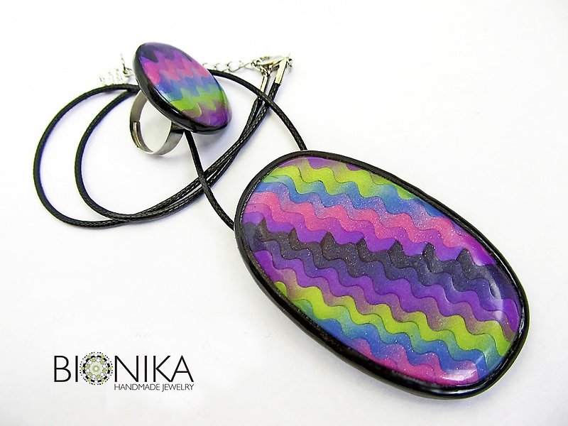 Geometric jewelry set Multicoloured Striped pendant Large round ring Neon Modern - Other - Clay Multicolor